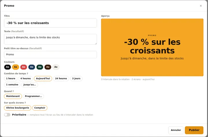 Rédaction d'un message promo « -30 % sur les croissants » avec aperçu en direct et choix de la durée