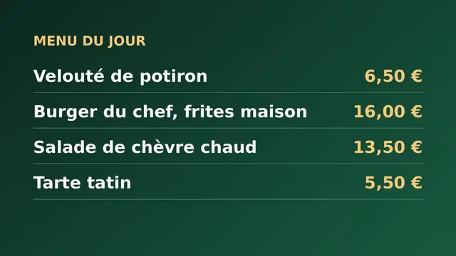 Menu du jour affiché à l'écran avec quatre plats et leurs prix