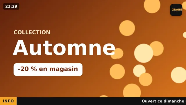 Écran de vitrine annonçant une collection d'automne avec -20 % en magasin